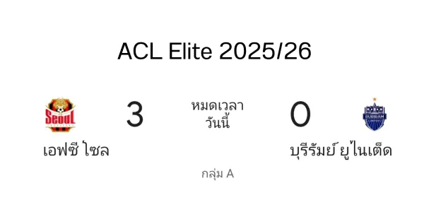 บุรีรัมย์ ยูไนเต็ด บุกพ่าย เอฟซี โซล 3-0 ACL Elite 2025-26